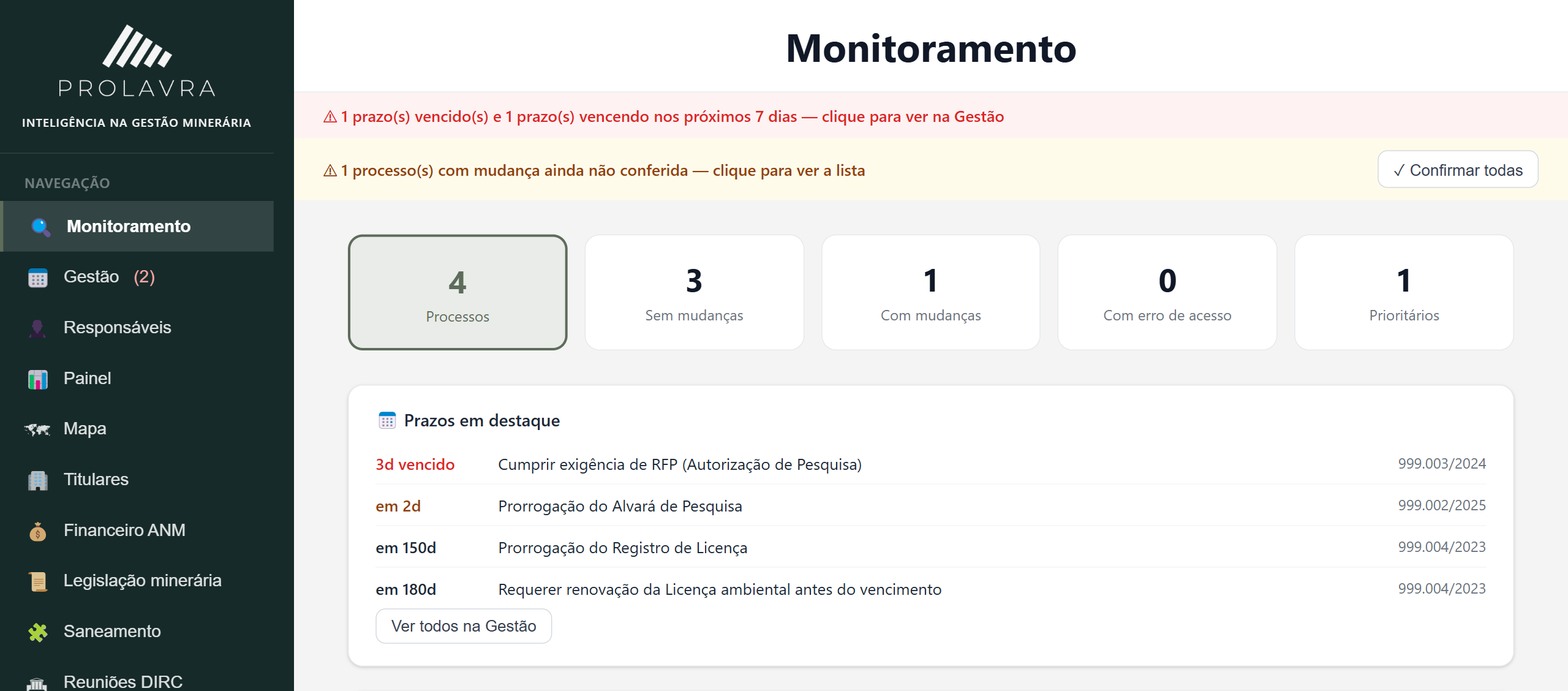 Tela inicial com aviso de prazo vencido e vencendo em breve, e o card de Prazos em destaque listando os processos com prazo crítico