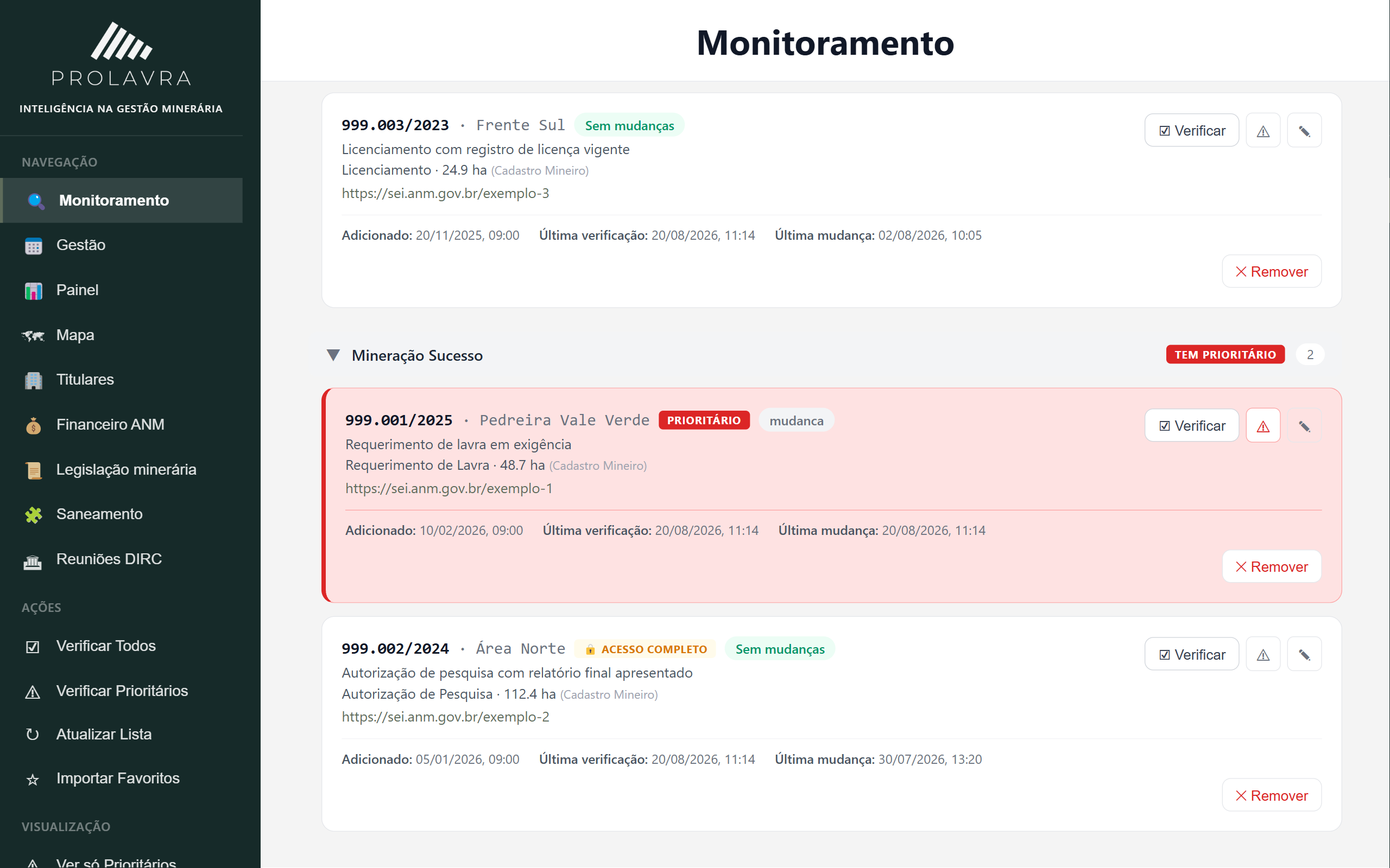 Tela de monitoramento do Prolavra, com lista de processos, prazo prioritário destacado e selo de acesso completo